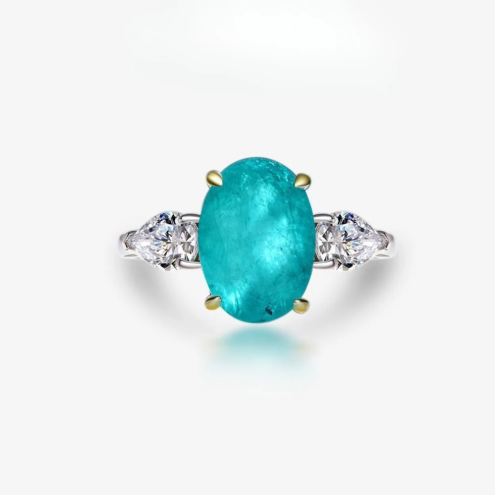 

New Hot Selling S925 Silver Blue-green Paraiba 10 * 14 Ring Silver European and American Egg Shaped 5-carat Wedding Jewelry