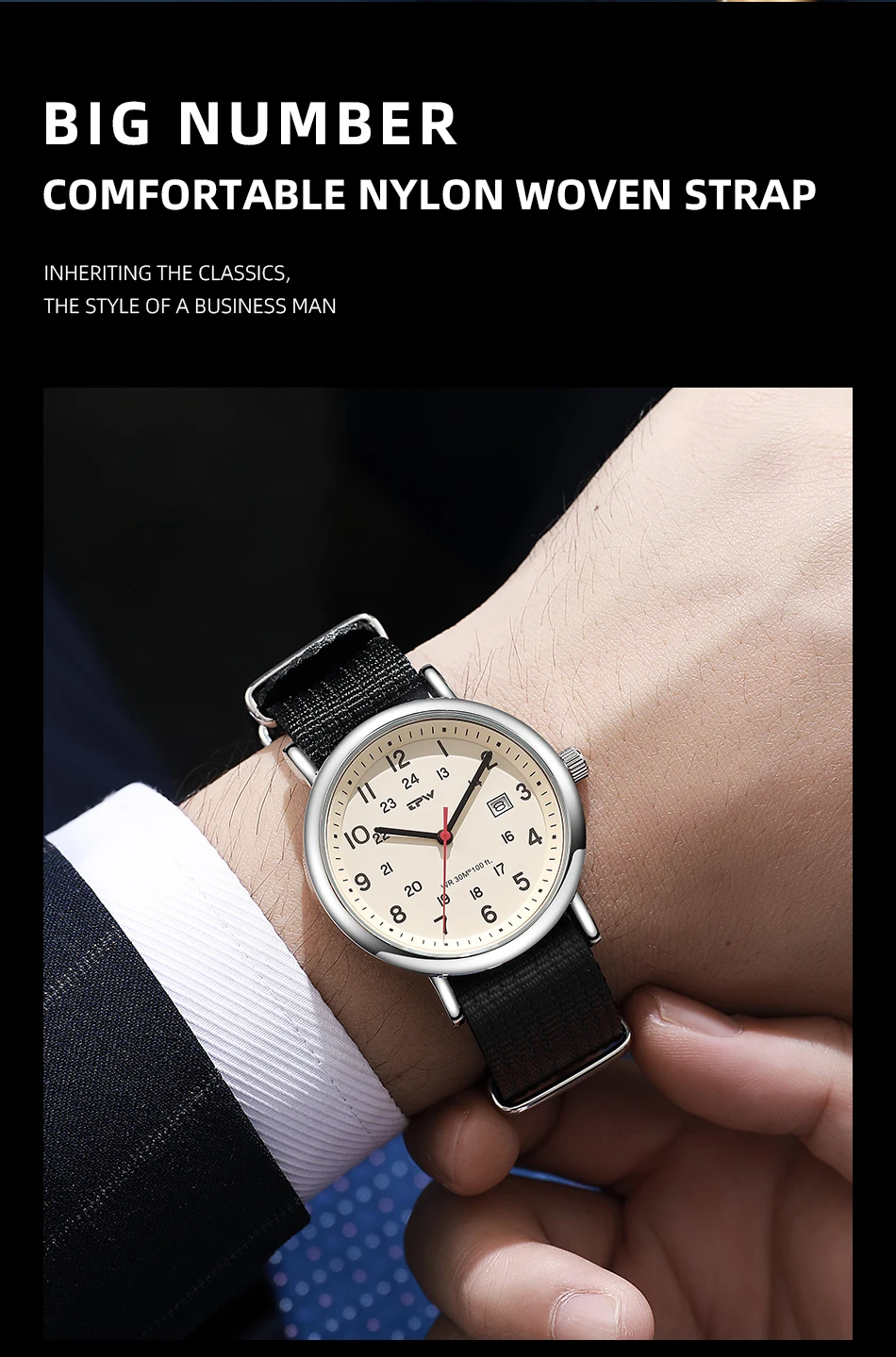 2026 TPW Felduhr Leicht ablesbares Stoffarmband 24-Stunden-Anzeige Quarzwerk Tagesfunktion – Detail 11
