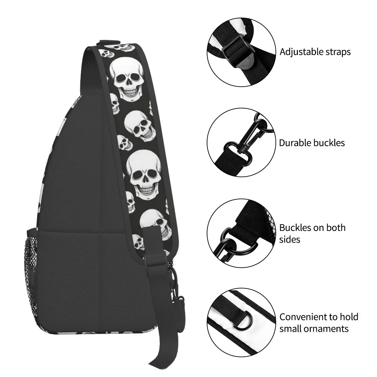 Gothic Death Skull Sling Bag Borst Crossbody Schouder Sling Rugzak Wandelen Reizen Daypacks Patroon Schooltassen