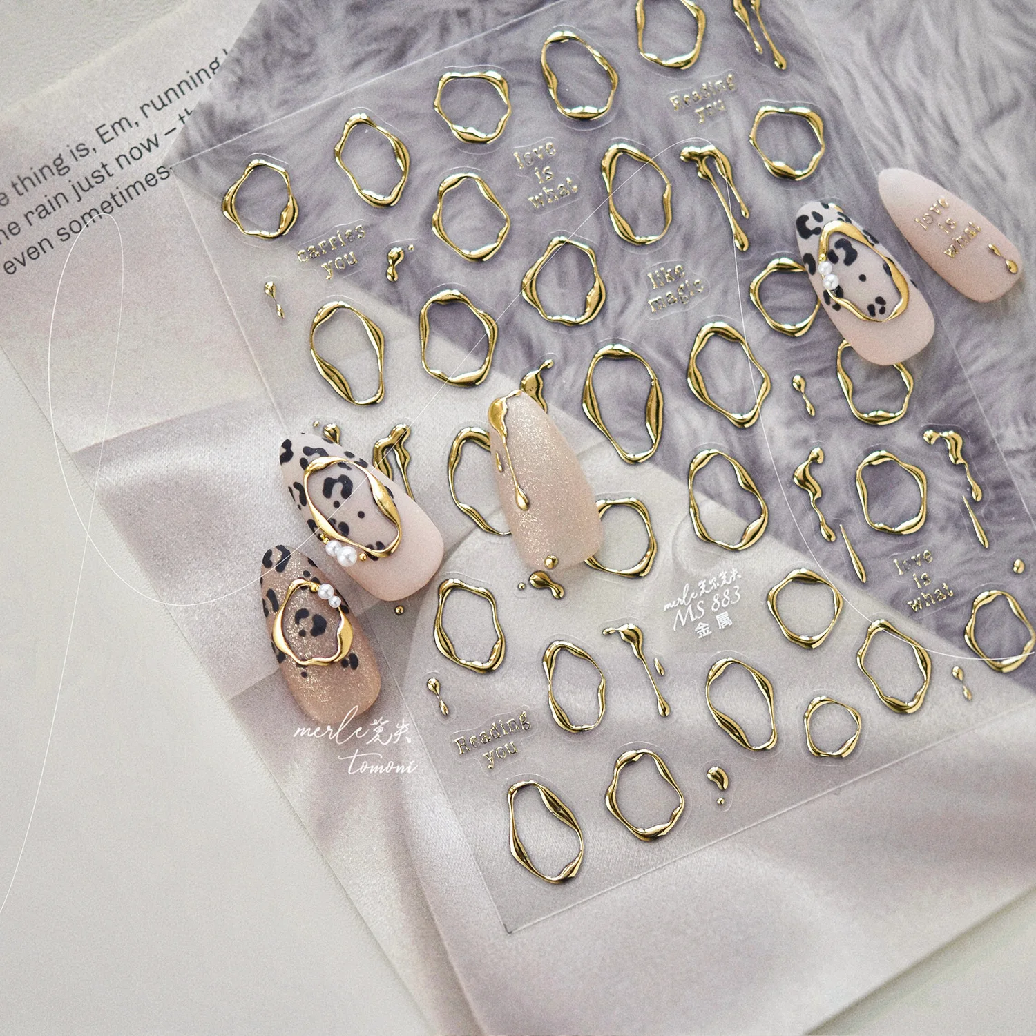 

5D Gold Silver Metallic Nail Stickers Irregular Circle Drips Ribbon Love Nail Art Decals Self Adhesive Manicure DIY Accessories