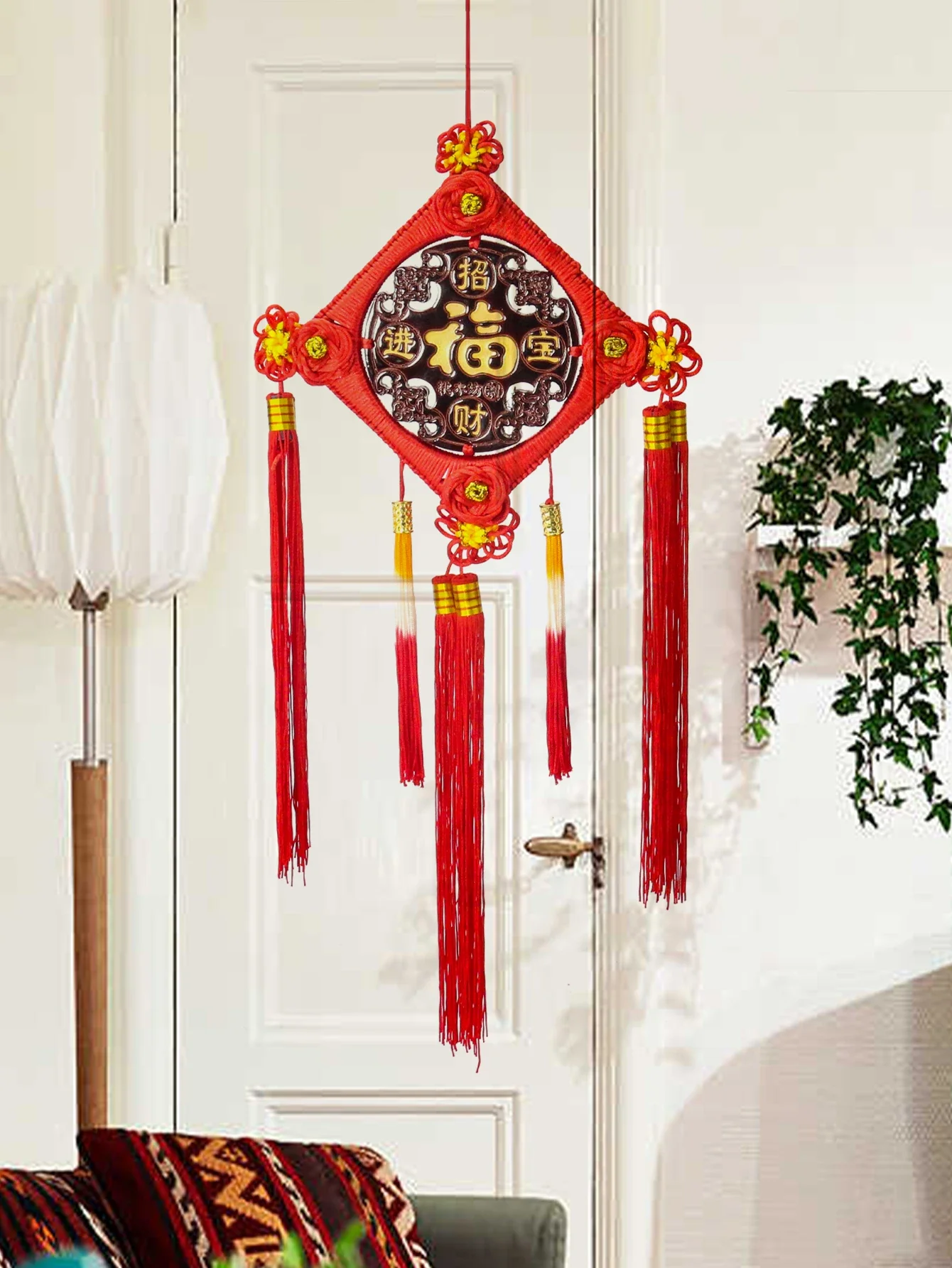 Peach Wood Chinese Knot Town House Blessing Character Pendant Home Living Room Spring Festival Decor Housewarming Hanging Mascot