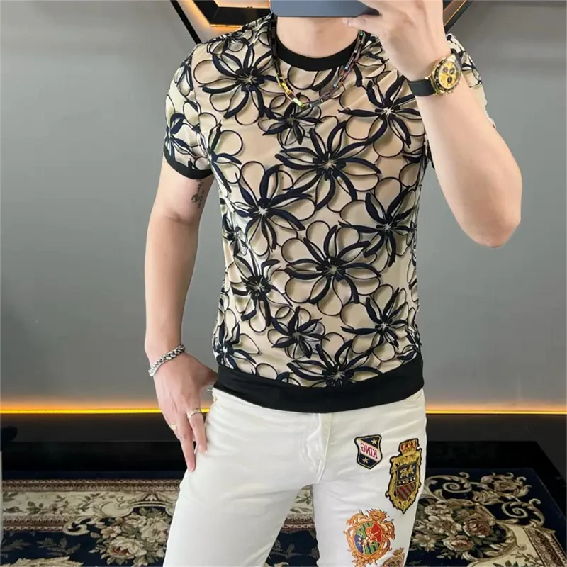 Brand Ice Silk Flower T-shirt for Men Short Sleeve Round Neck T-shirt Thin Breathable Casual Social Streetwear Tee Tops M-5XL