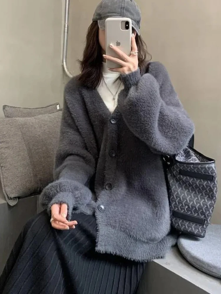 Thick Imitate Mink Knitted Cardigan V-neck Loose Korean Knitwears Gilet Casual Warm Sweater Mujer Fashion Fall Winter Tops