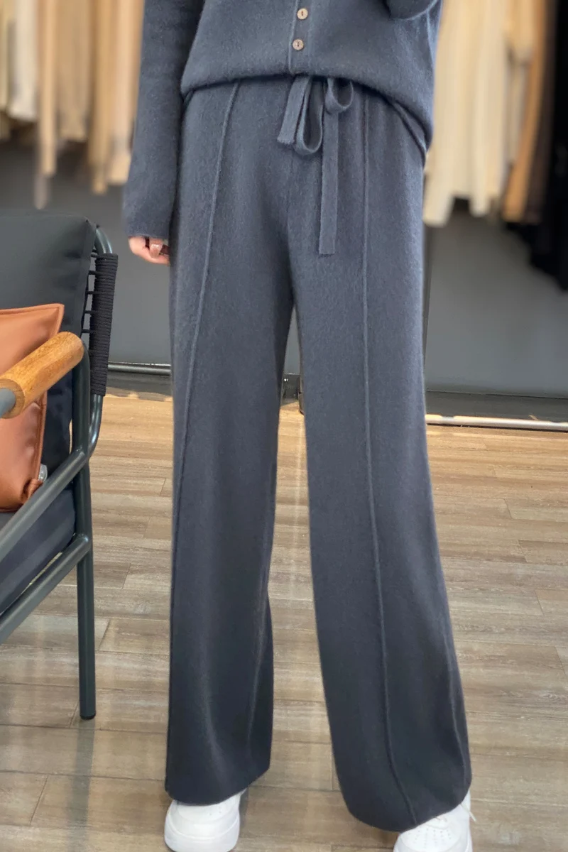 Pantalon de vadrouille en laine taille haute pour femme, pantalon décontracté à jambes larges, pantalon en laine tricoté à suspendre, automne et