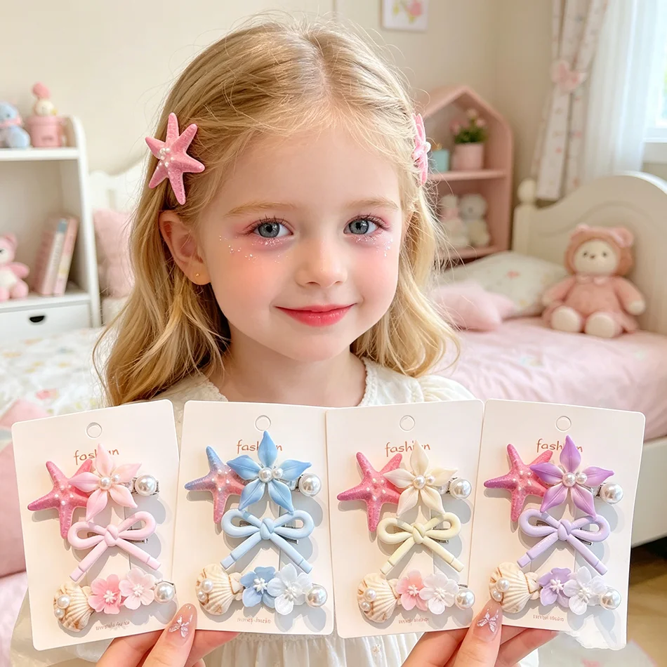 Girls Ocean Style Flower and Starfish Hair Clips Set with Shell and Pearl Cute Barrettes for Summer Beach Wear and Party ZX07