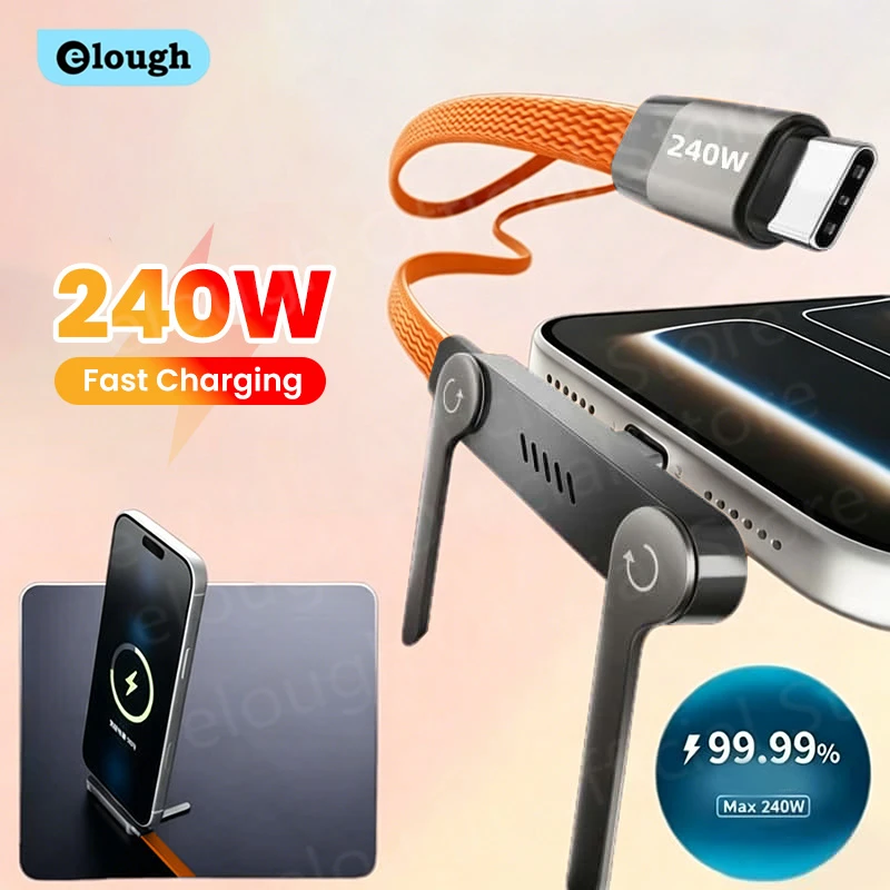 Cabo de Carregamento 2 em 1 240W com Suporte Integrado para Celular, USB-C para USB-C, Carregamento Rápido e Transferência de Dados para iPhone 17, Cabo Tipo C com Suporte Dobrável