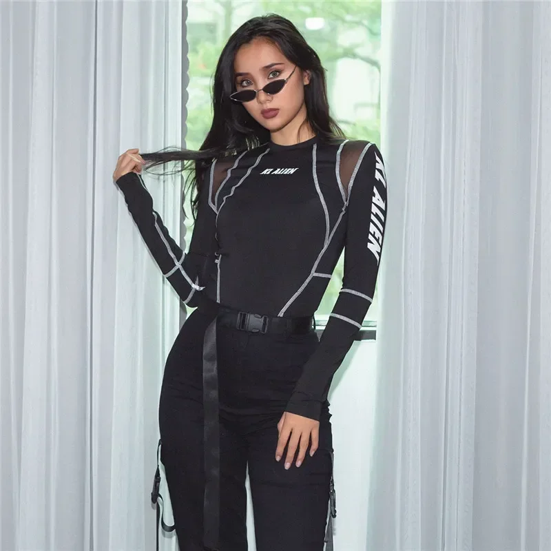 Women O Neck Bodysuits Mesh Patchwork Letter Print Jumpsuit Fashion Female Workout Street Casual Rompers Mujer