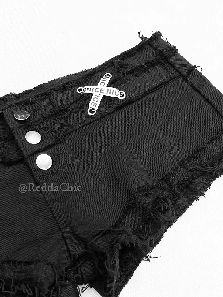 REDDACHiC Low Waist Buttoned Denim Shorts Hot Summer Ribbon Decor Black Stitching Raw Edge Casual Bootypants Acubi Women Clothes