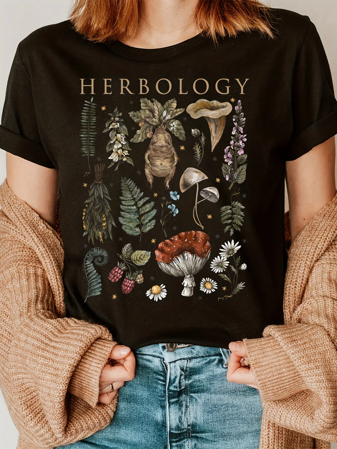 Vintage Herbology 100% Cotton Women's Retro Floral Print T-Shirt Soft Crew Neck Short Sleeve Top Shirt Floral Design
