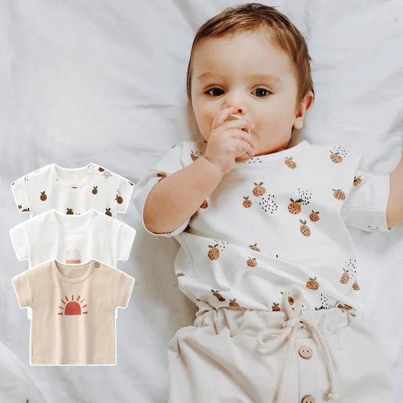 2024 Baby Boys Pure Cotton Short Sleeve T Shirts Casual Shirt Soft Kids Girls Tees O-neck Pullover Newborn Tees Toddler Top