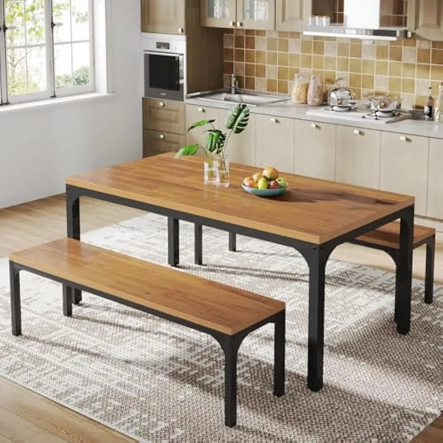 Dining Table Set for 6 People, 3 Pieces Rectangular Kitchen Table with 2 Benches, 55 Inches Large Wooden Kitchen Table Set