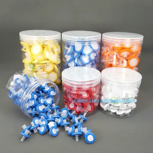 100 unids/caja filtro de jeringa desechable de laboratorio 13/25mm con membrana de filtro PES/MCE/Nylon/PTFE/PES de 0,22 um o 0,45 um