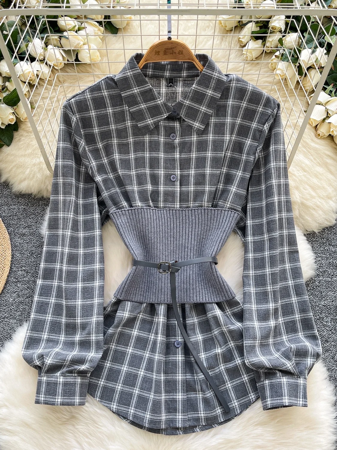 

Korean Sle Casual Loose Long Sve Single Button Plaid irt Women's Knitted Waist Seal Waist Slimming Set Breathable Poly...