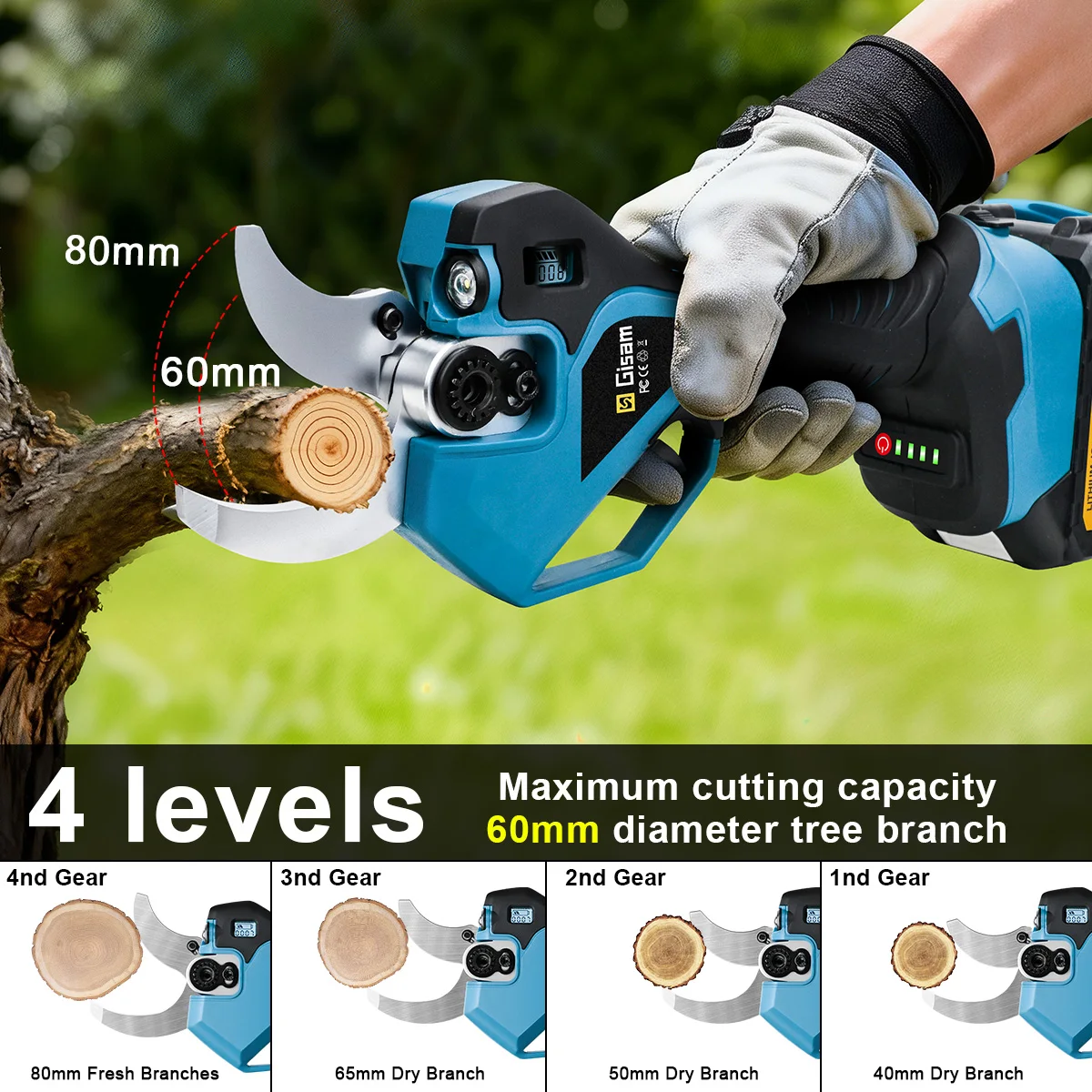 Gisam 60mm Bezszczotkowe Elektryczne Sekatory 4-Biegowe Akumulatorowe Nożyce do Przycinania Drzew Owocowych i Bonsai Narzędzia Ogrodowe do Akumulatora Makita 18V