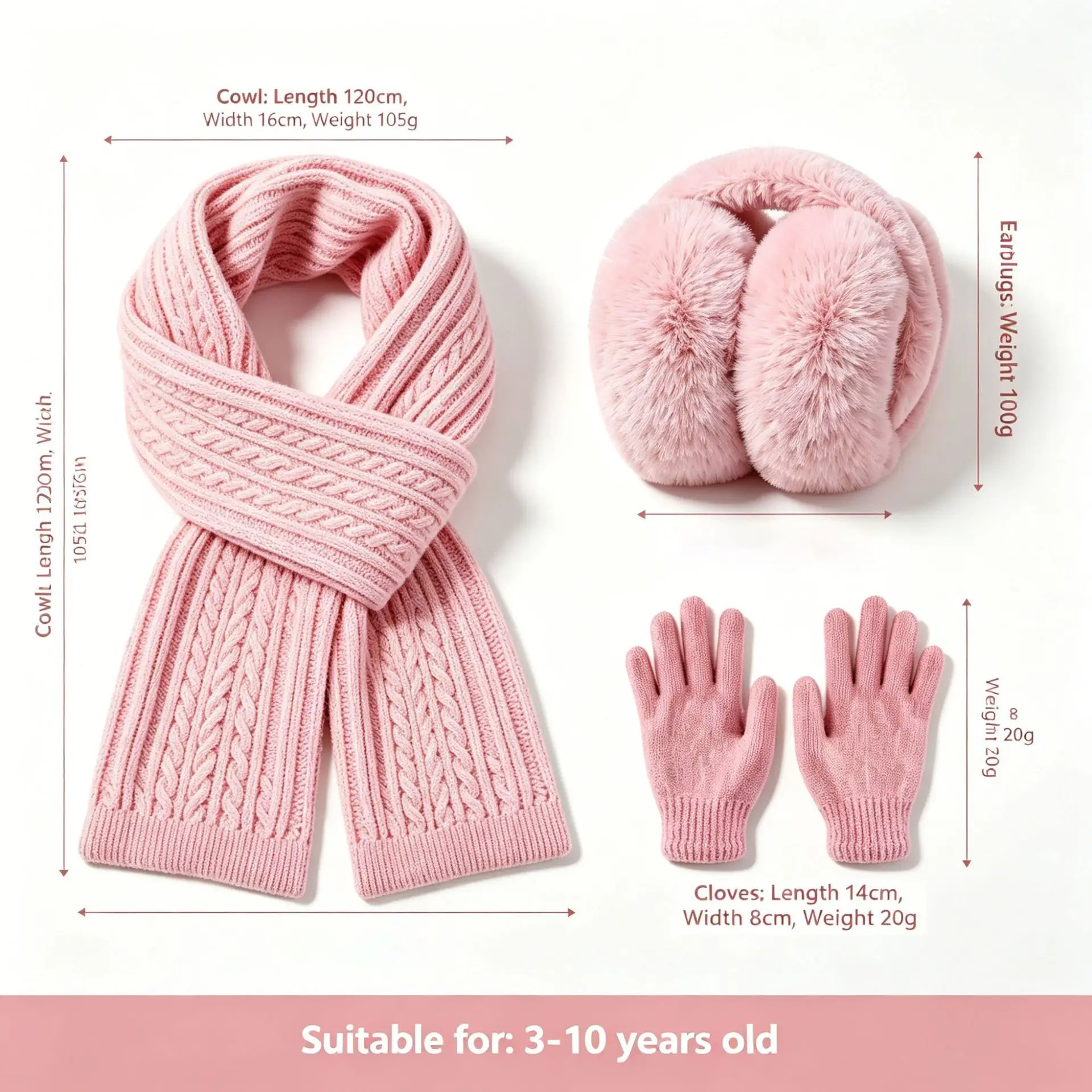 Kids Winter Earmuffs Scarf Gloves Set Solid Color Warm Knit Neck Scarf Full Finger Glove for Boys Girls Winter Accessories 3-10Y view 5