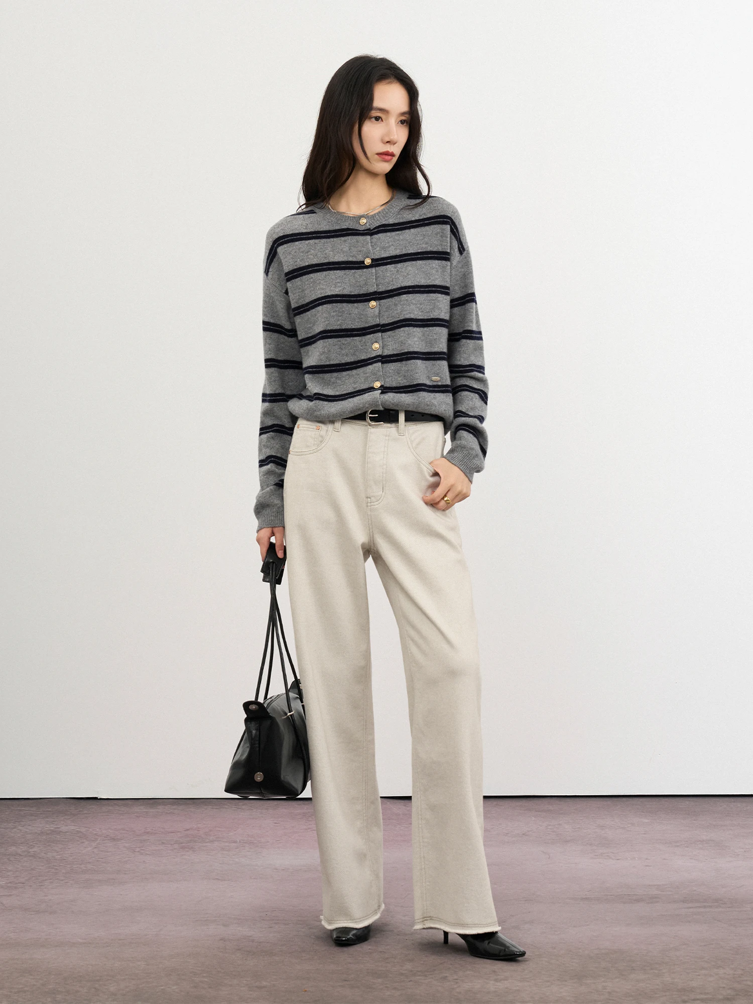 

CLMX lectual Sle Striped round Ne Knitted Open Cardigan 6-Single Wool Yarn Autumn Winter Commute Women's Top