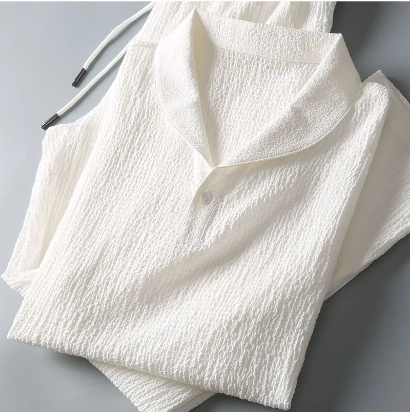 

Summer 2024 Casual Suit V-neck Short Sleeve And Drawstring Pants Light Texture For A Cool Summer Solid Color V-neck Suit