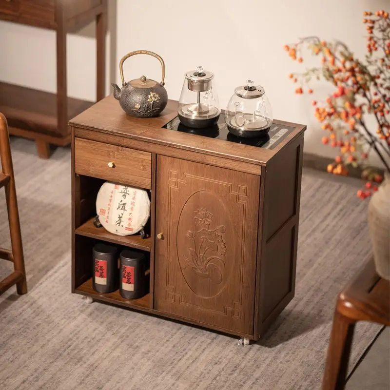 New Chinese mobile tea cabinet household small tea table kettle integrated living room tea table side cabinet small solid wood t