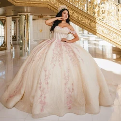 Beige Shiny Sweetheart Quinceanera Dresses Ball Gown Sweet 16 Dress Applique Lace Beads Tull Vestidos De XV 15 Años Birthday Par