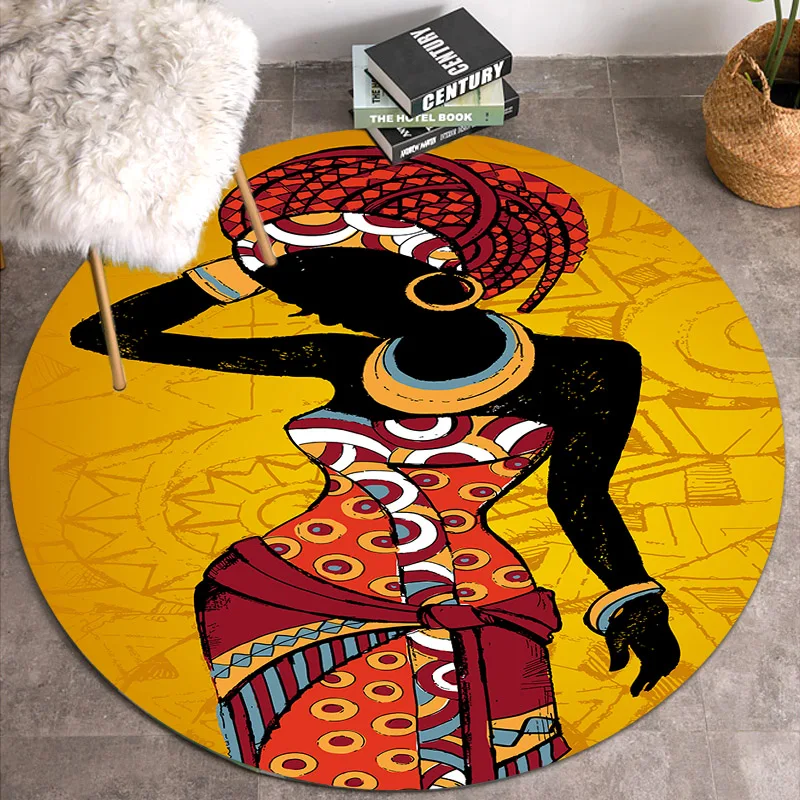 Ethnic Style Round Carpets for Living Room Bedroom Tradition African Woman Pattern Area Rugs Soft Flannel Home Decor Kitchen Mat