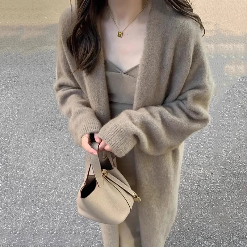 White Gentle Mink Fur Sweater Knitted Cardigan Women's 2026 Autumn Winter New Loose Versatile mid to long Lazy Milk fufu Jacket