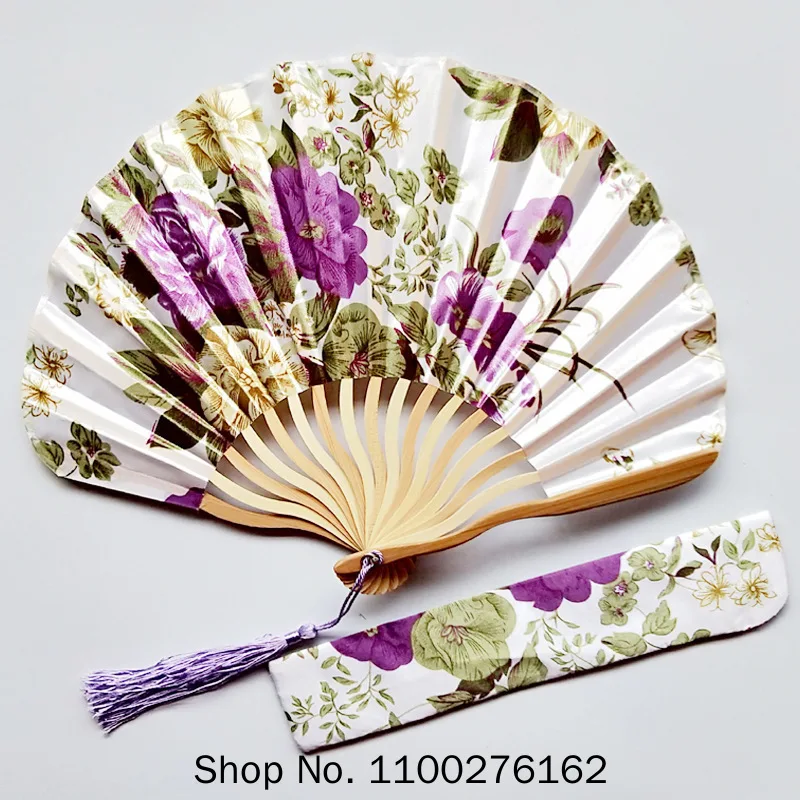 

50 PCS Personalized Cherry Blossom Design Round Cloth Folding Hand Fan with Gift Bag Wedding Gifts for Guests