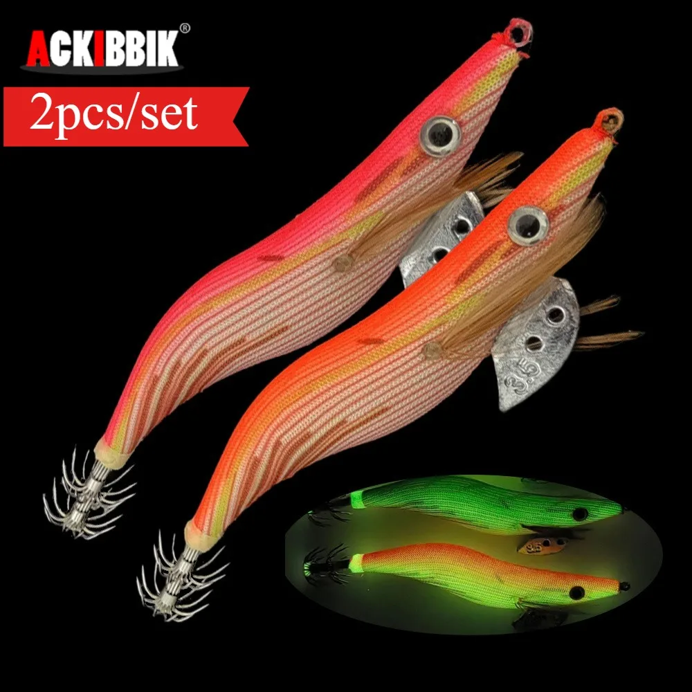Ackibbik 2pcs/set Glow Squid Jig Hook Shrimp Lure Saltwater Fishing Accessories Fishing Supplies Night Fishing Shrimp Lures