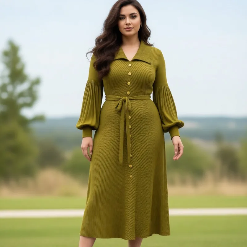 مياكي أوروبا فساتين نسائية جديدة مطوي التلبيب بأكمام طويلة بلون الدانتيل متابعة الخصر حجم كبير فستان طويل مرن الملابس