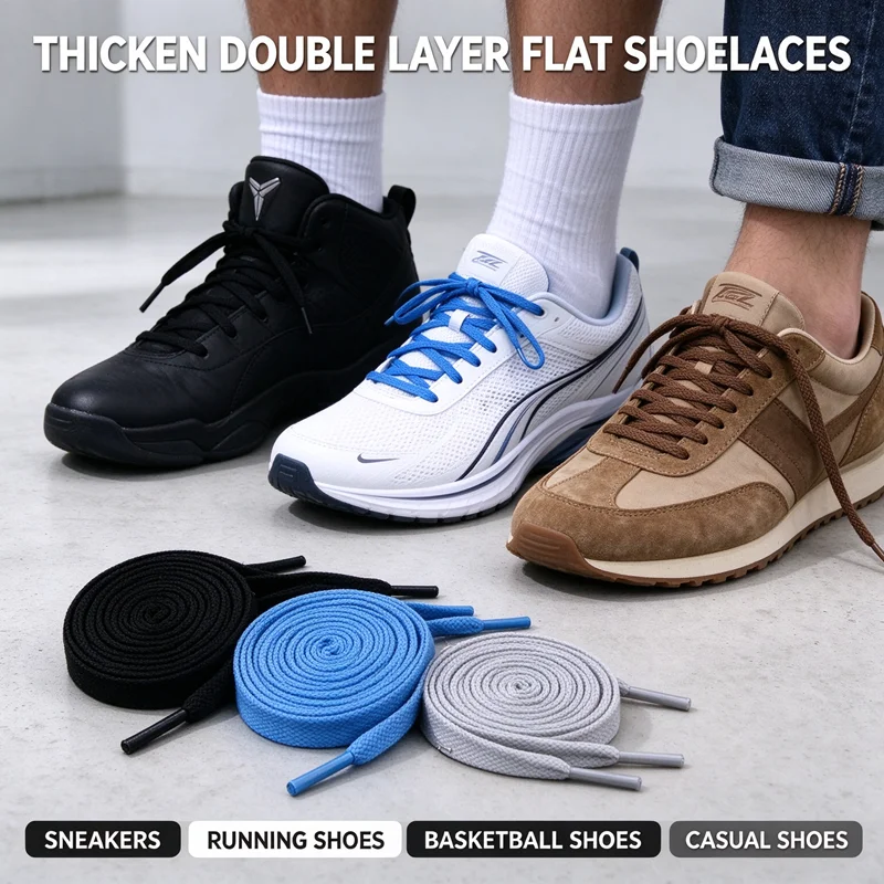 1Pair 10mm Classic Thicken Double Layer Flat Shoelaces Replacement Shoestrings for Sneakers Running Basketball Sports Casual Sho