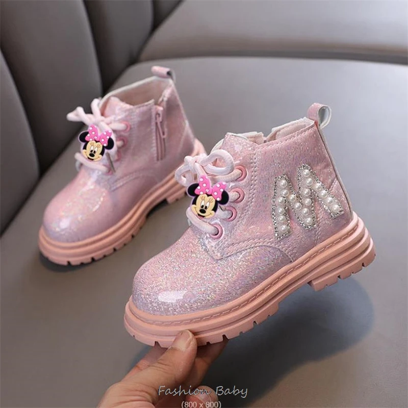 Boys Girls Single Boots Lilo And Stitch Beads Pink England Style Children Short Boots Baby Non-slip Wear-resistant Footwear