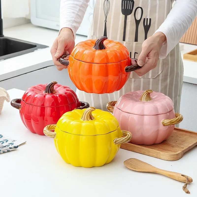 

Керамические суповые кастрюли с крышкой, креативная бинауральная миска в форме тыквы, бытовая большая миска для супа с лапшой, украшение на Хэллоуин