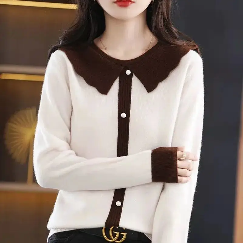 

Autumn Winter Contrast Color Peter Pan Collar Sweaters Autumn Winter Fashion Beading Patchwork Knitted Tops Women's Clothing