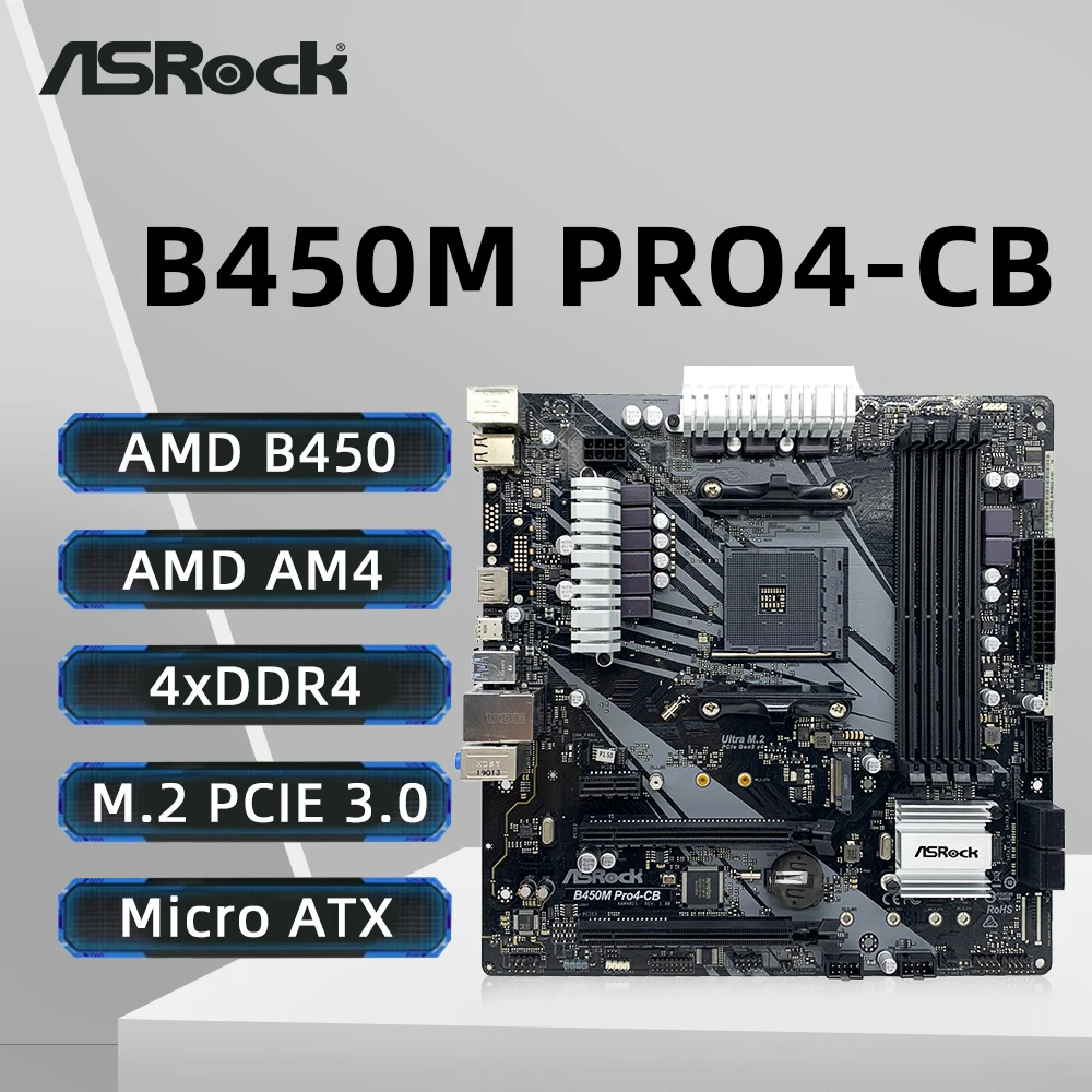 ASRock B450M Pro4 Motherboard AMD B450M Dual-channel DDR4 Memory AM4 Mainboard M.2 NVME (Supports Ryzen 5 5600 R7 5700X3D CPU)