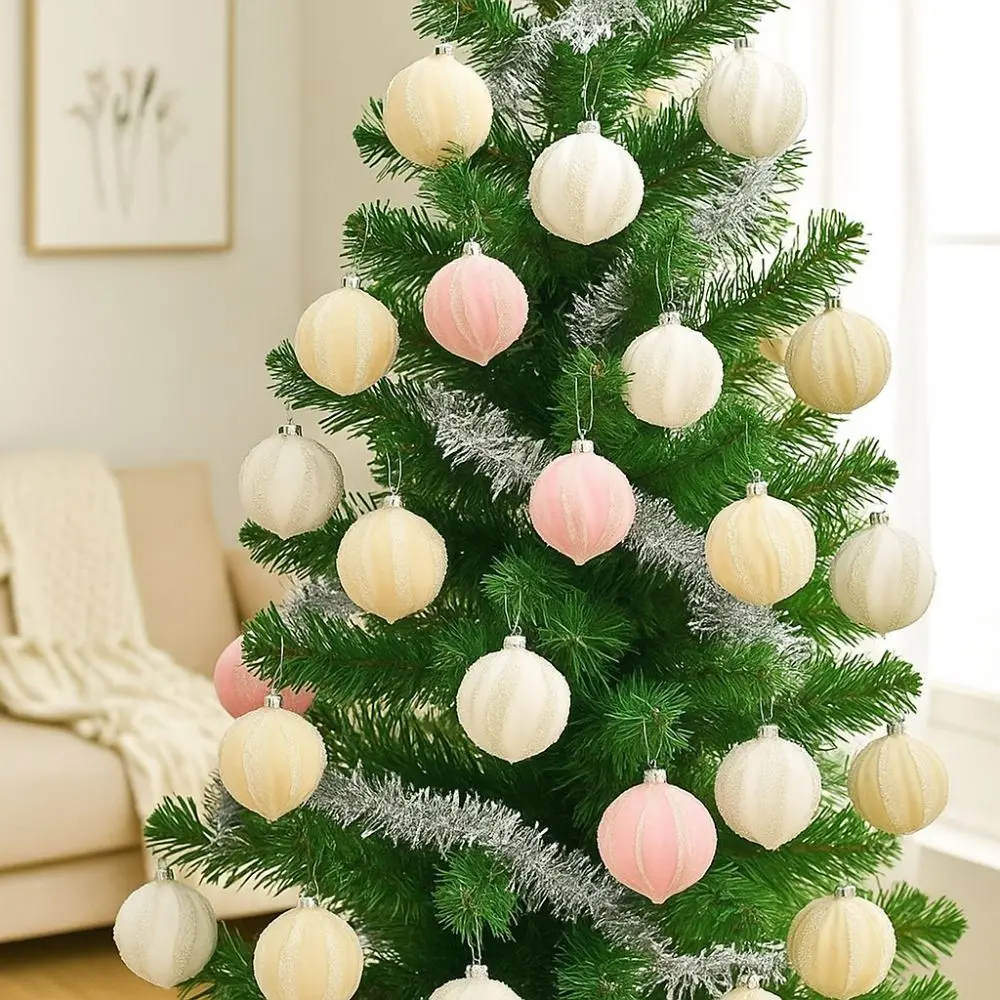

12pcs 6cm Christmas Hanging Balls Macaron Plastic Flocking Xmas Velvet Balls Shatterproof Irregular Christmas Tree Ornaments
