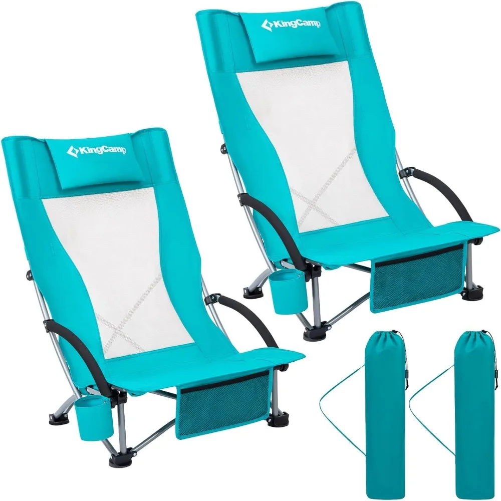 Folding Backpack Beach Chair 2 Pack Sturdy & Lightweight High Back Camping Chair With Headrest Seatback Pocket Cup Holder Playa