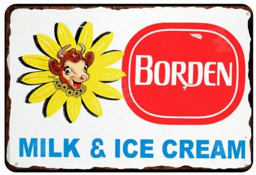 1pcs Bordens Milk & Ice Cream Advertising 1950s All Metal Tin Sign  8 x 12 Vintage