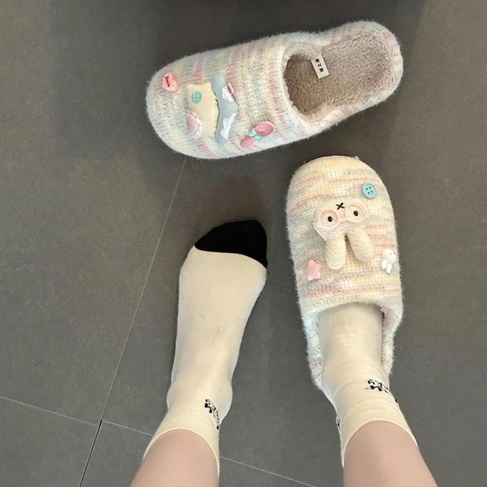 

2025 Bunny Plush Knitted Cartoon Rabbit Kawaii Slippers Pastel Color Fuzzy Cute Animal Warm Indoor Slippers Trendy Slippers