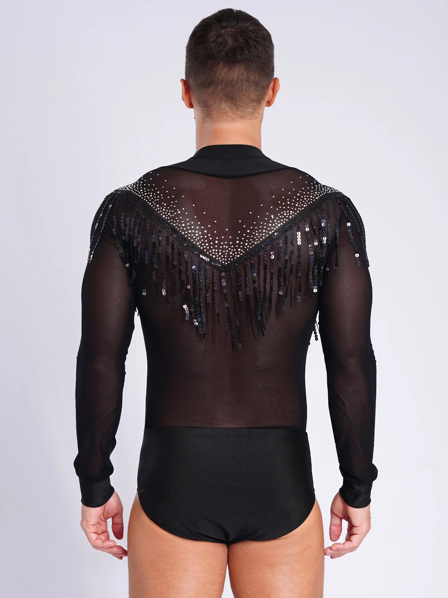 Künstlerisches Ballett-Trikot für Herren, Eiskunstlauf-Kostüm, durchsichtiges Netz, glänzende Pailletten, langärmliger Body