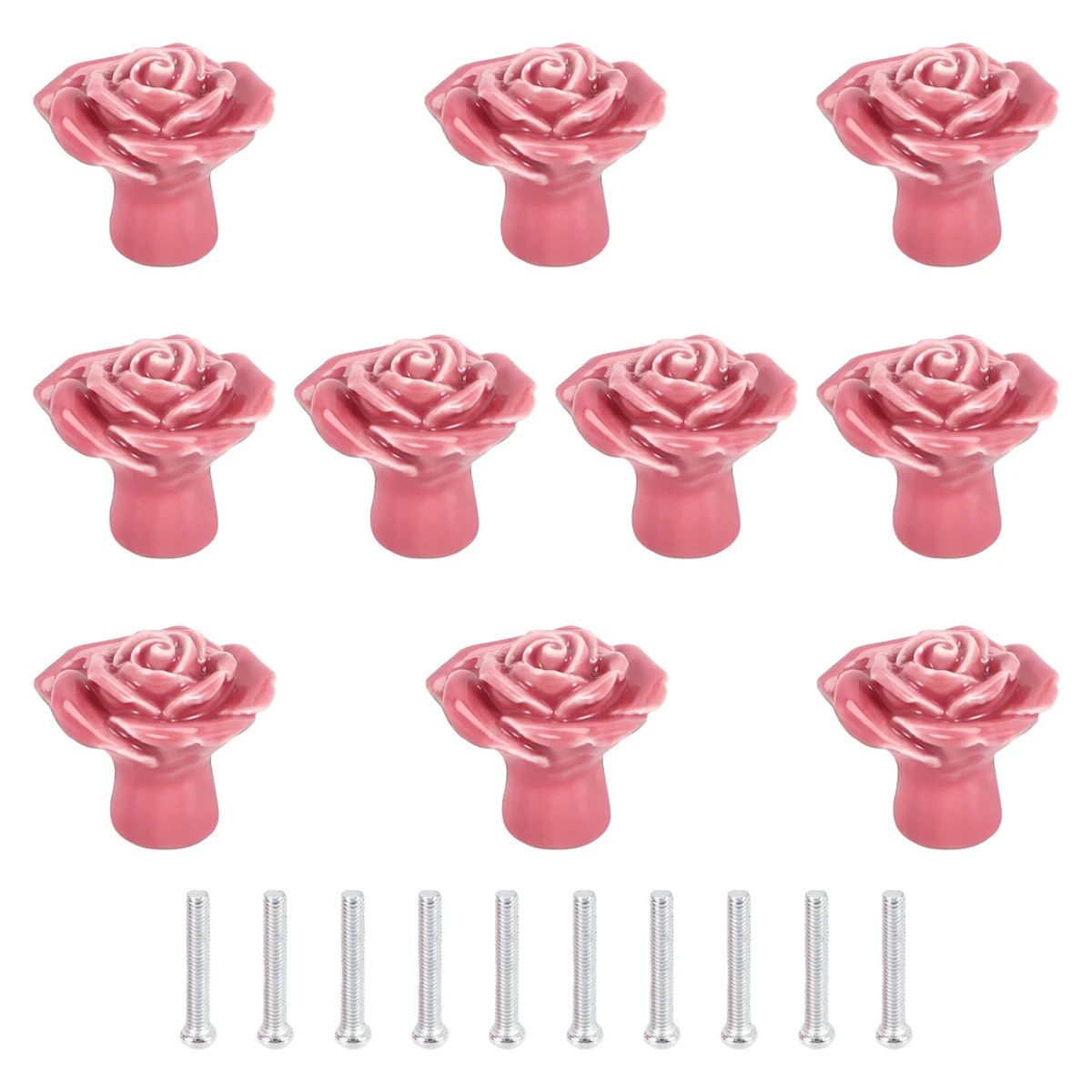 A53I 10 Pcs Ceramic Vintage Floral Rose Flower Door Knobs Handle Drawer Kitchen + Screws (Pink)