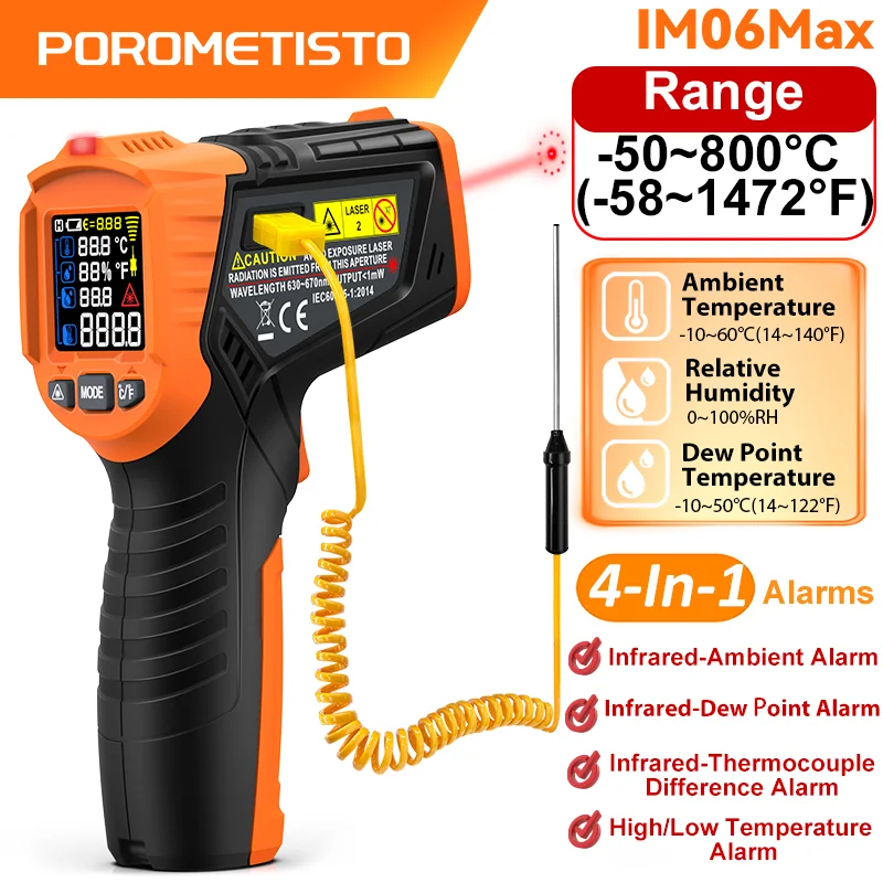 

POROMETISTO IM06Max Infrared Thermometer -50-800℃ 12:1 High/Low Temperature Alarm °C/°F Non-contact Industrial Temperature Gun