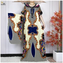 New Muslim Abayas For Women Clothing Cotton Loose Short Sleeve Femme Casual Robe Islam Maxi African Dresses With Hijab Headband