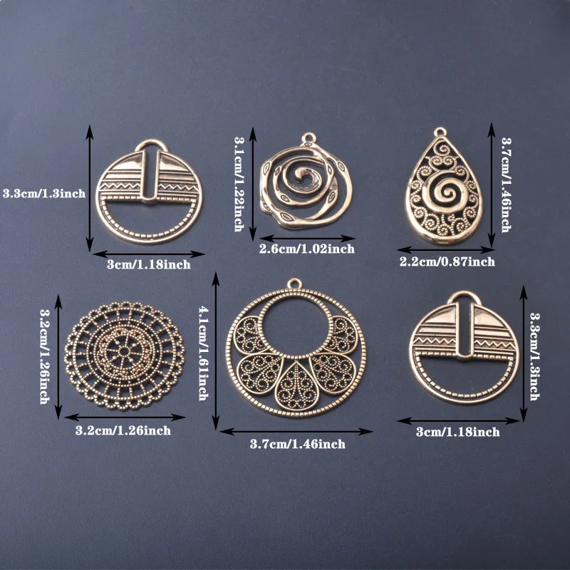 10 Stück/Set Ethnische Antike Silber- und Goldfarbene Anhänger für Schmuckherstellung, Geometrische Quadratische Ovale Boho-Anhänger für DIY Damenohrringe – Detail 4