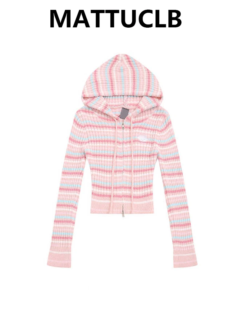 

2025 Autumn Winter Women Korean Fashion Striped Shoujo Hoodie Sweater Long Sleeve Full Zip Cardigan Tops Cuddly Knitwear 2000s