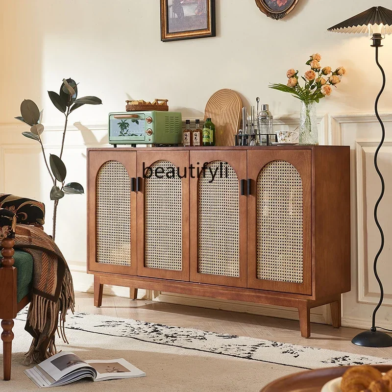 

xzFrench retro solid wood dining side cabinet American medieval living room storage cabinet