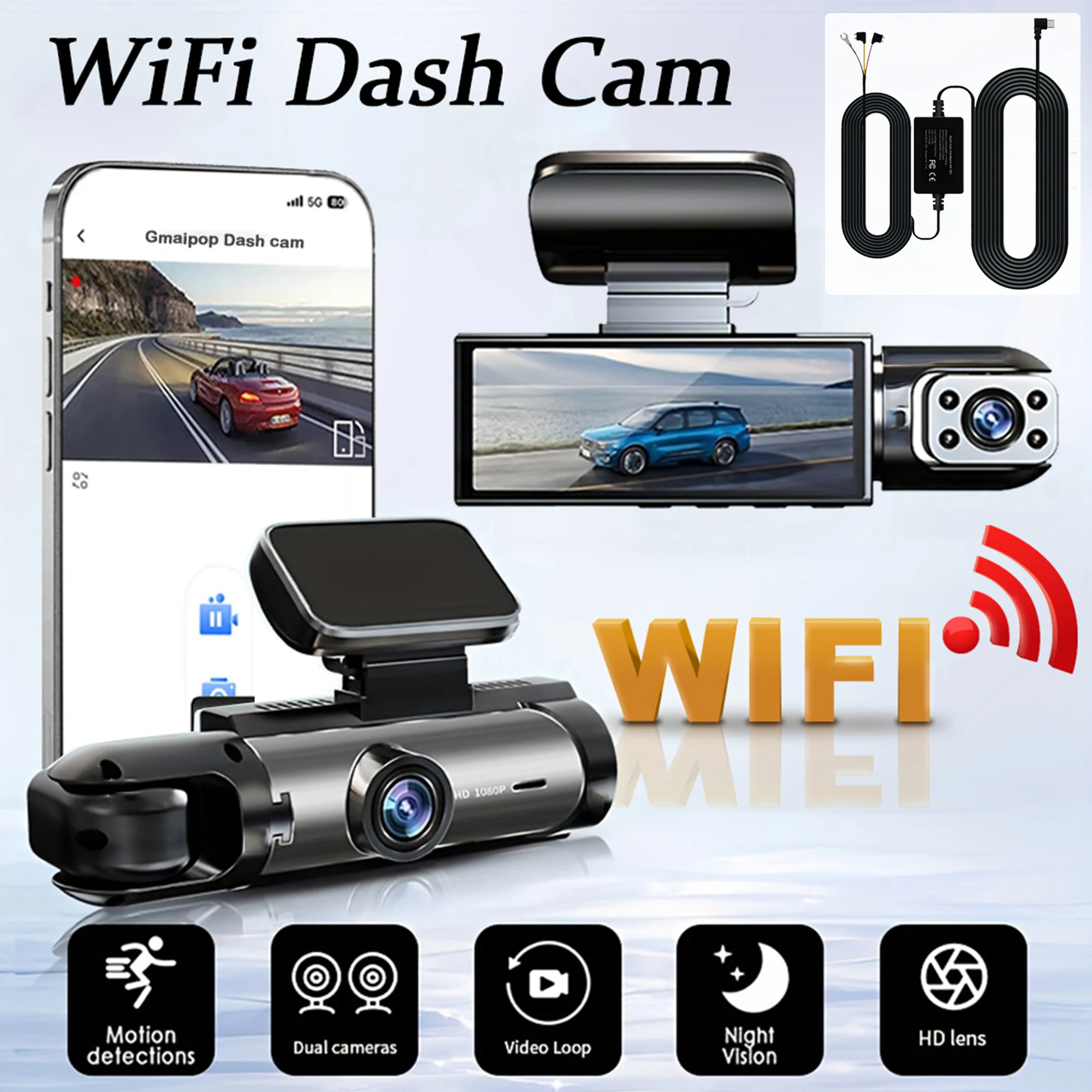 1080P WIFI Dual camera Dash Cam voor auto's, voor en binnen, autocamera met IR-nachtzicht, lusopname, groothoek auto DVR kwam