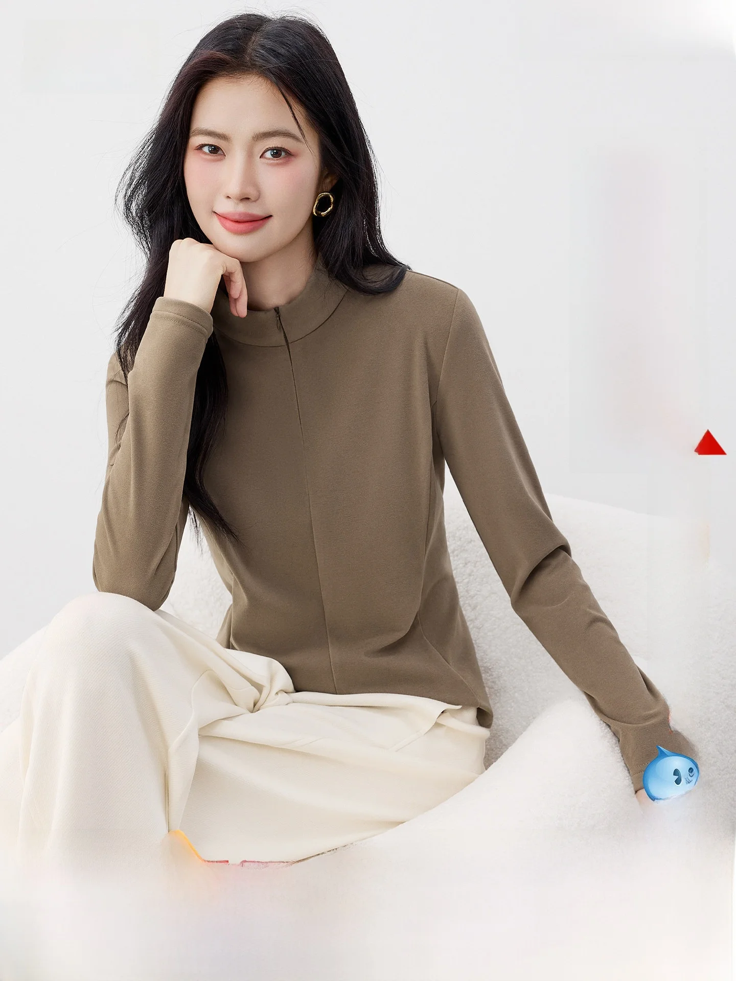 

Женская теплая базовая футболка с длинным рукавом на молнии, из искусственного бархата, с воротником-стойкой, повседневная, для дома, из полиэфирного волокна