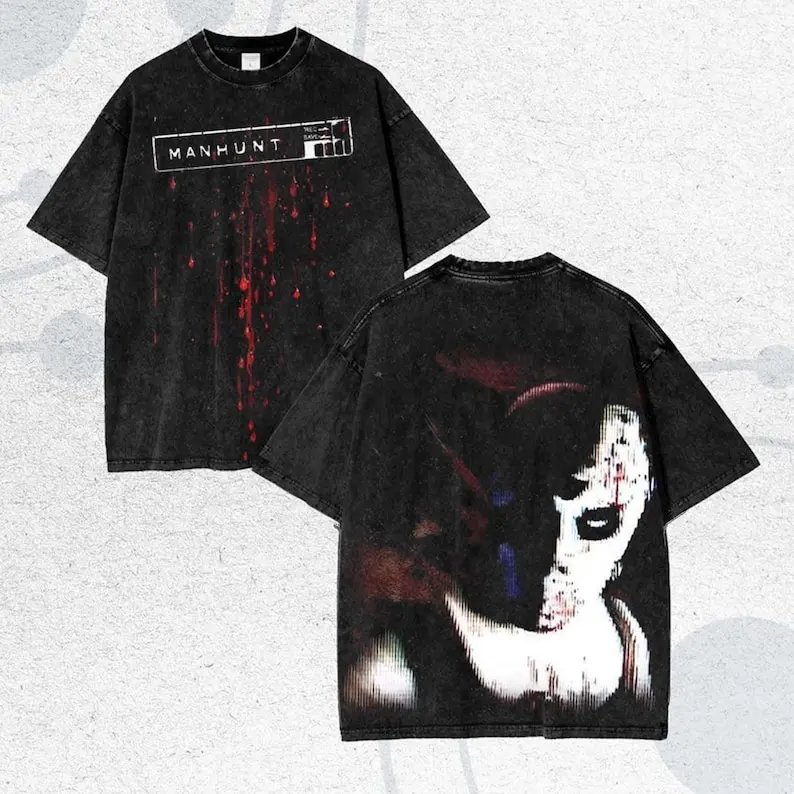 Manhunt Washed T-shirt New Model personality Clothes Oversized Unisex Vintage Loose Trendy Cotton Harajuku Breathable Couples