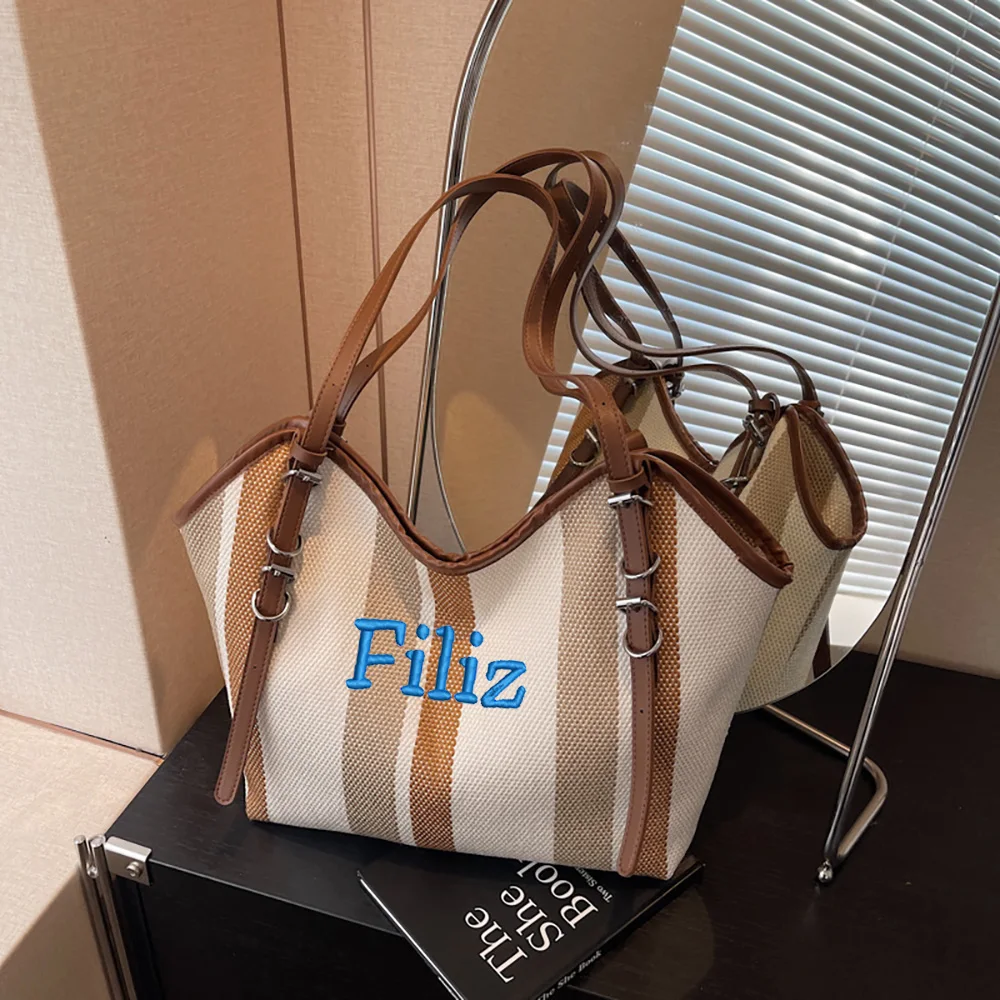 

Настраиваемая вышитая сумка через плечо большой вместимости, большая сумка в вертикальную полоску, модная дорожная сумка контрастного цвета