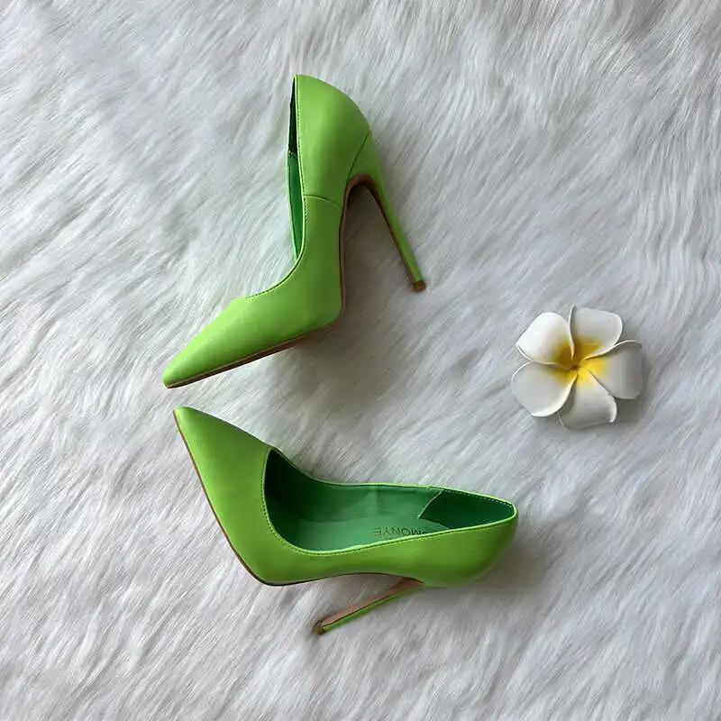 Small Fresh Grass Green Pointed High Heels Matte Leather Surface Sexy 12cm Thin Heels Professional Shallow Mouth Single Shoes