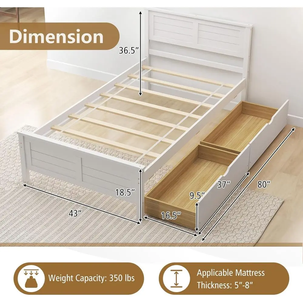 إطار سرير خشبي مزدوج من منتصف القرن مع مساحة تخزين، تصميم منصة، لوح رأسي متضمن، لا حاجة إلى صندوق زنبركي، سهل التجميع